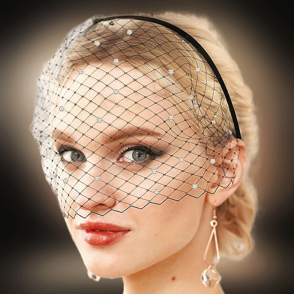 Elegant Black Veil Crystal Headband Church Tea Party Business Formal Funeral NWT